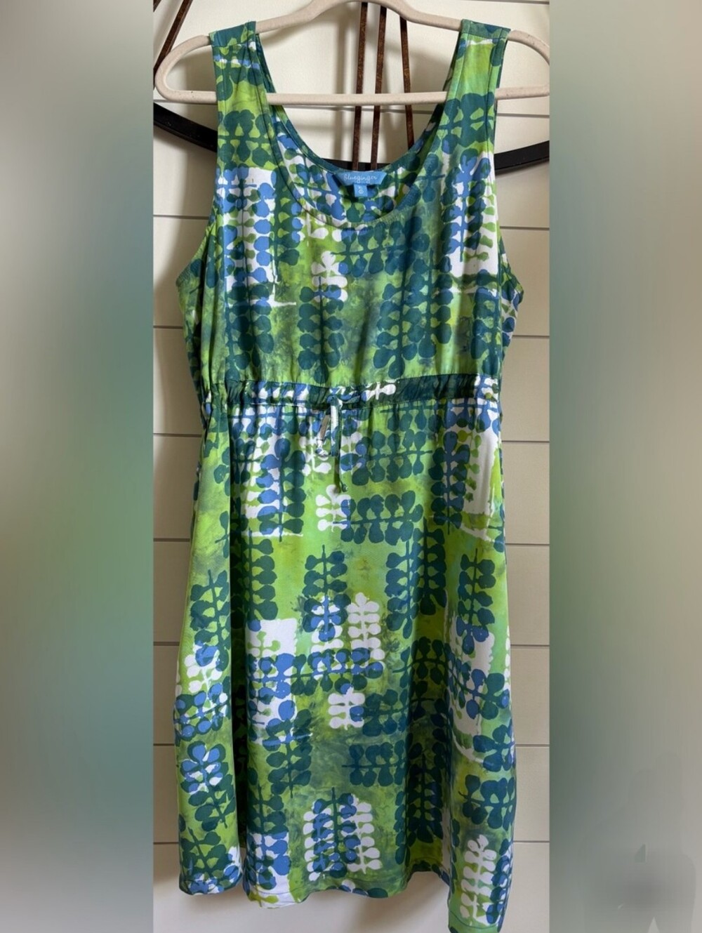 Blue Ginger Hawaiian Sleeveless Green & Blue Batik Dress W Drawstring Waist. XL - Picture 5 of 7